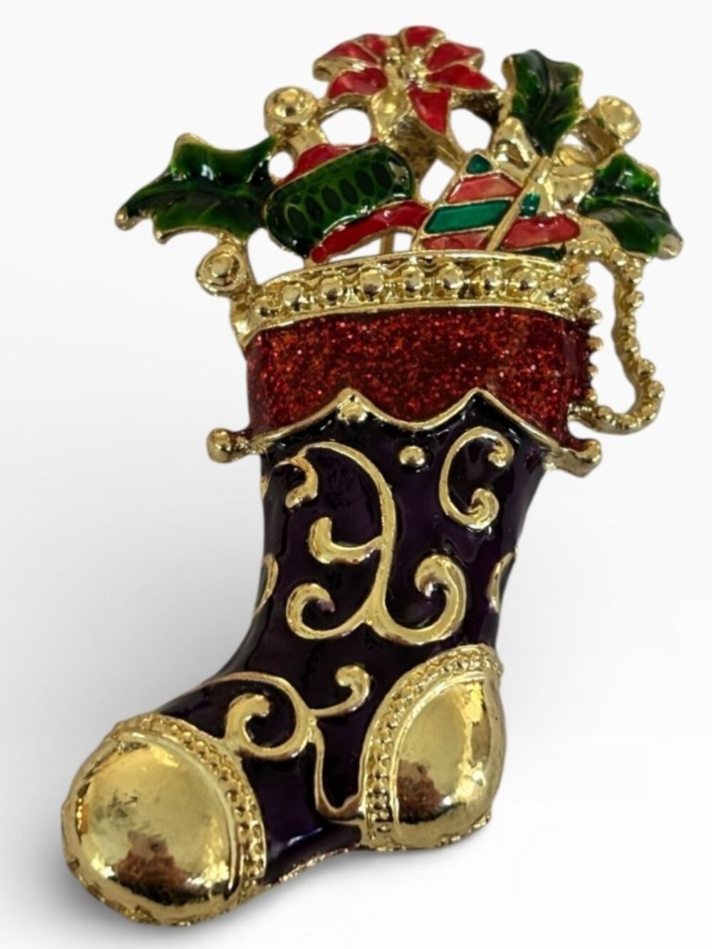Christopher Radko Christmas Stocking Brooch Pin Gold Tone Purple Holiday Enamel